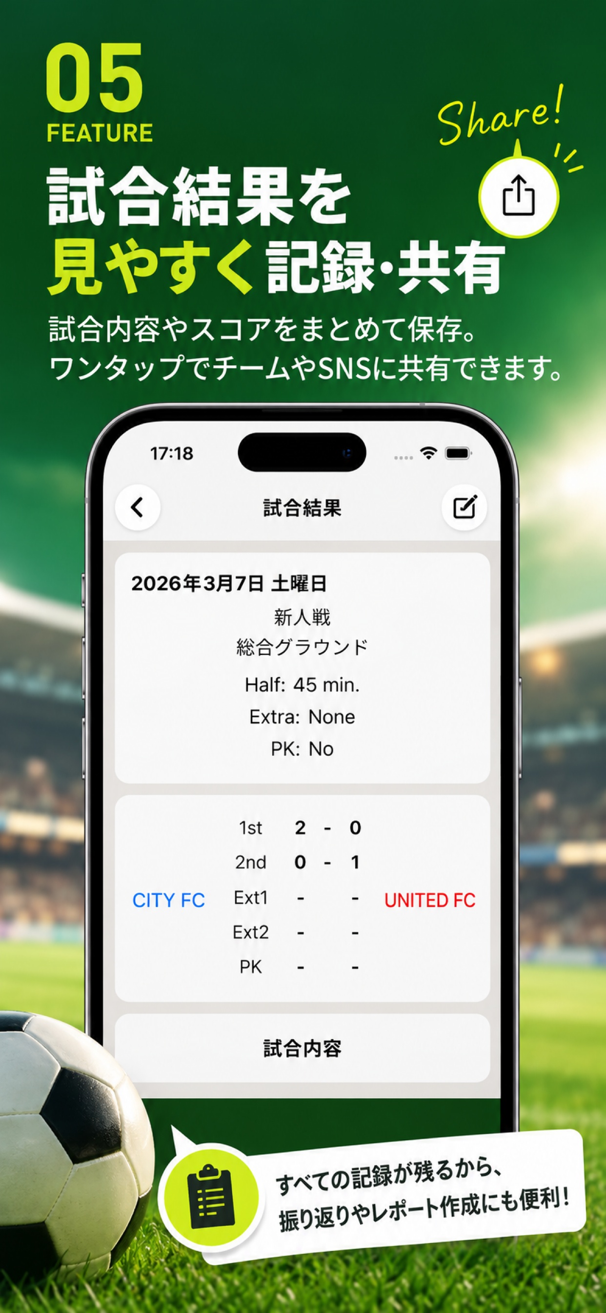 FB SCOREの試合結果画面。試合情報や各ハーフのスコアを保存し、共有できます